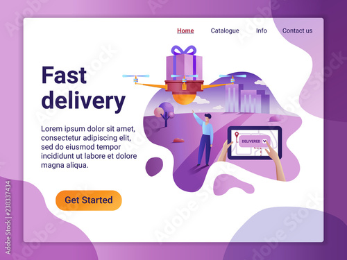 Landing page template of delivery service concept. The Flat design concept of web page design for a mobile website. Drone fly over the city and delivering a box.