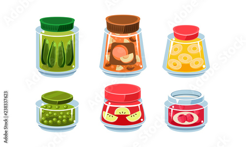 Glass jars with preserved food vector Illustration on a white background