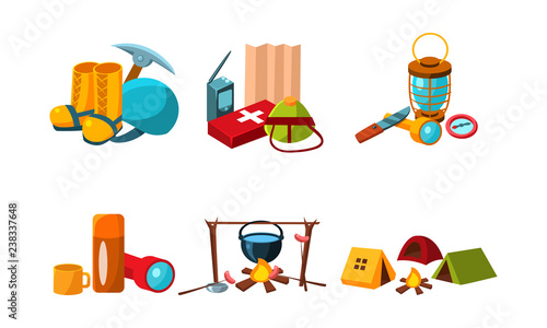 Mountaineering and touristic equipment, tools for mountain climbing, hiking, trekking and camping vector Illustration