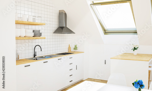 minimal white kitchen on attic