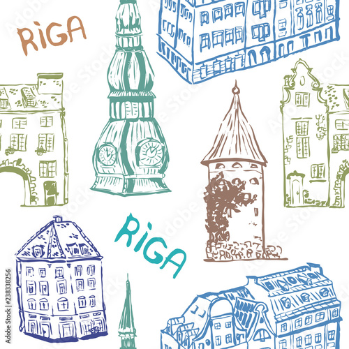 Ink hand drawn buildings from old town in Riga, seamless vector pattern.  Design for ttravel goods, covers and packaging. photo
