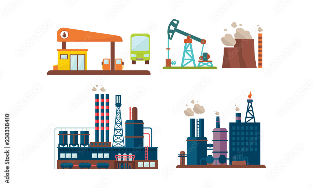 Flat vector set of oil industry icons. Gas station, factory buildings, drilling rig. Extraction and transportation theme