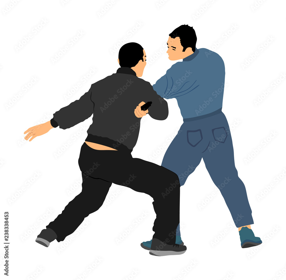 Self defense battle vector illustration. Man fighting against aggressor with gun or pistol. Krav maga demonstration in real situation. Combat for life against terrorist. Army skill action.