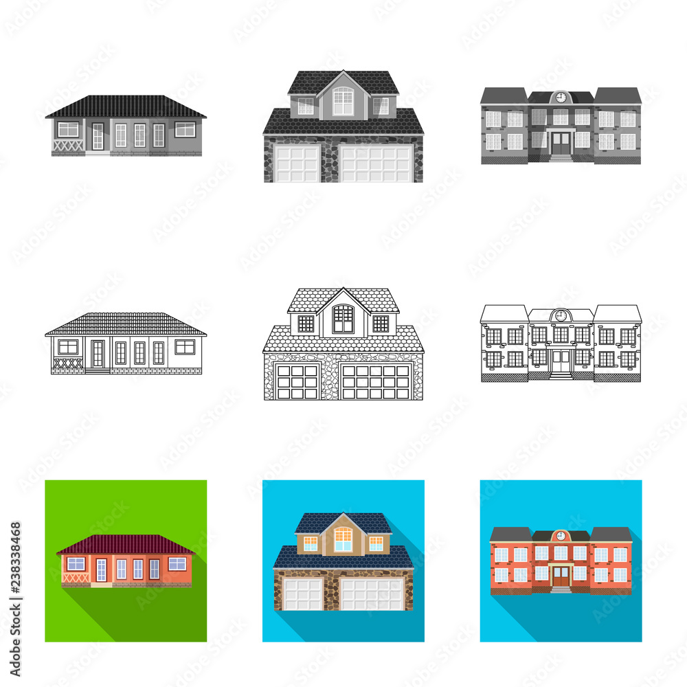 Vector illustration of building and front symbol. Collection of building and roof vector icon for stock.