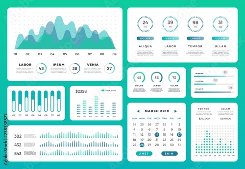 Infographic dashboard statistics workflow info.  Modern ui chart with green diagrams and graphs. Collection of 3D website vector template analytics