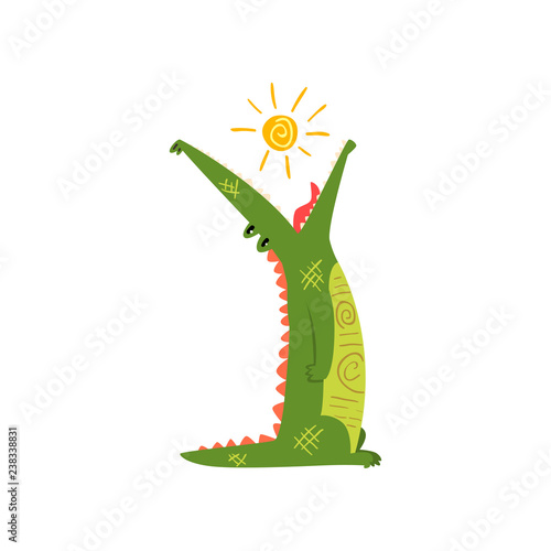 Friendly crocodile swallowing the sun, funny predator cartoon character vector Illustration on a white background