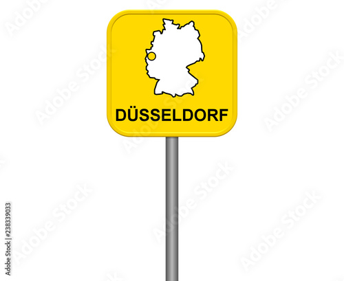 Gelbes Düsseldorf Straßenschild oder Ortsschild mit Karte