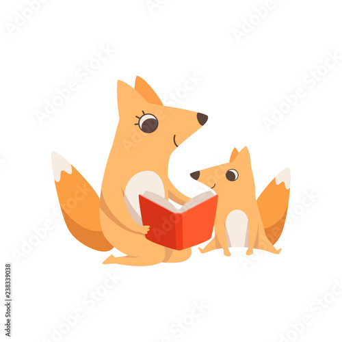 Loving mother fox reading a book to her kid, animal family, parenting concept vector Illustration on a white background