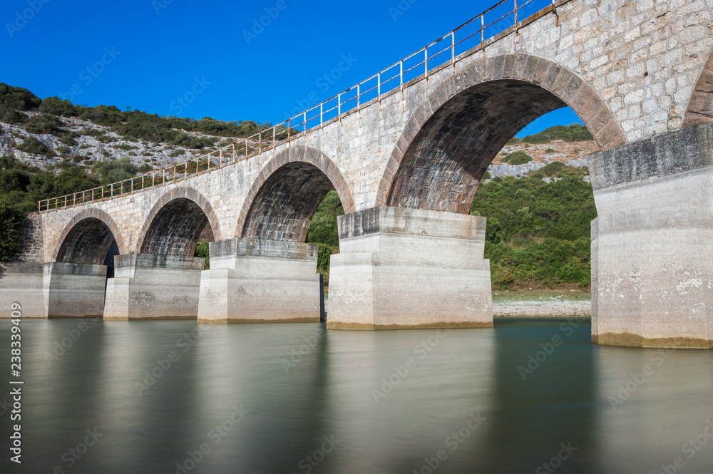 View Lake Barrocus from Railway train bridge in Isili  town in the historical region of Sarcidano, province of South Sardinia.Italy