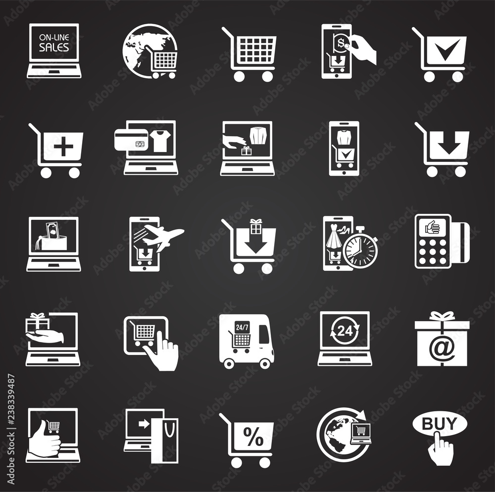 Online shopping icons set on black background for graphic and web design, Modern simple vector sign. Internet concept. Trendy symbol for website design web button or mobile app Online shopping icons set on black background for graphic and web design, Modern simple vector sign. Internet concept. Trendy symbol for website design web button or mobile app