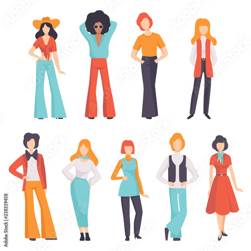 Collection of men and women wearing vintage clothing, retro fashion people from 70s vector Illustration