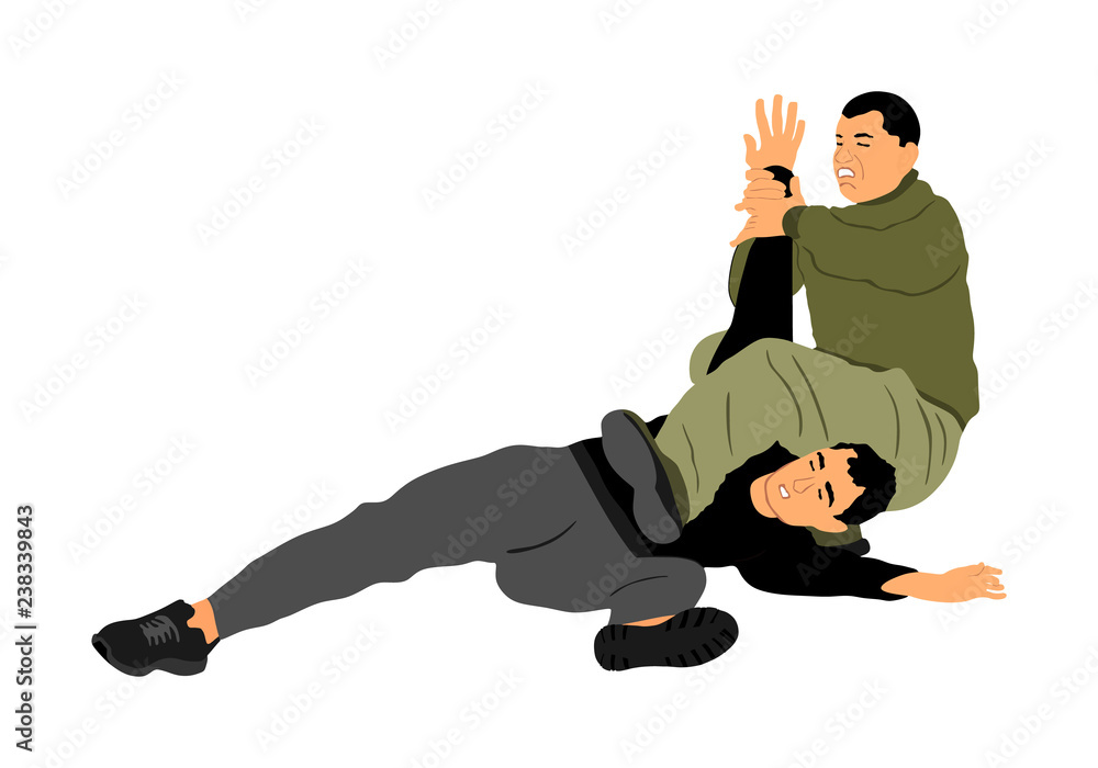 Self defense battle vector illustration. Man fighting against aggressor on street. Krav maga demonstration in real situation. Combat for life against terrorist. Army skill in action. policeman arrest. Self defense battle vector illustration. Man fighting against aggressor on street. Krav maga demonstration in real situation. Combat for life against terrorist. Army skill in action. policeman arrest.