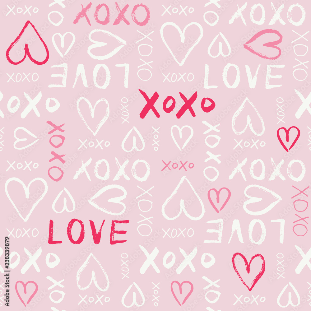 Hand Written Valentine's Day Typography vector seamless pattern. Hand Drawn Doodle Hearts and Words Love. XOXO. Graffity
