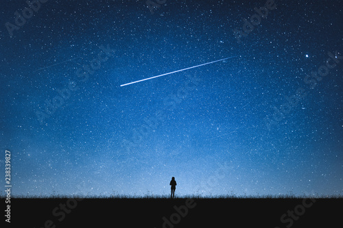 Bild auf Leinwand Silhouette of girl standing on mountain and night sky with shooting star