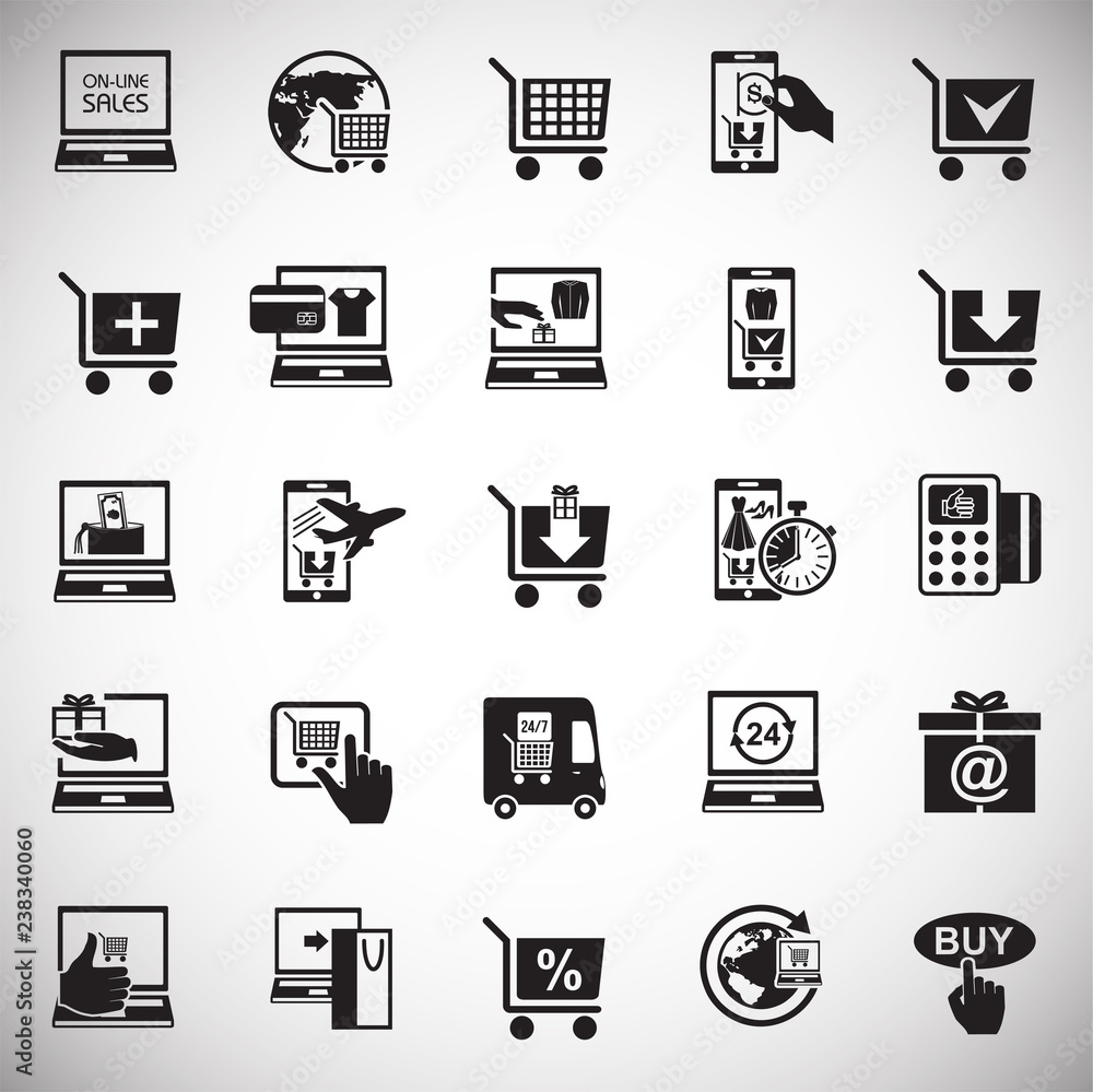Online shopping icons set on white background for graphic and web design, Modern simple vector sign. Internet concept. Trendy symbol for website design web button or mobile app Online shopping icons set on white background for graphic and web design, Modern simple vector sign. Internet concept. Trendy symbol for website design web button or mobile app
