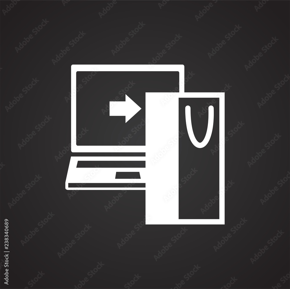 Online shopping computer icon on black background for graphic and web design, Modern simple vector sign. Internet concept. Trendy symbol for website design web button or mobile app Online shopping computer icon on black background for graphic and web design, Modern simple vector sign. Internet concept. Trendy symbol for website design web button or mobile app
