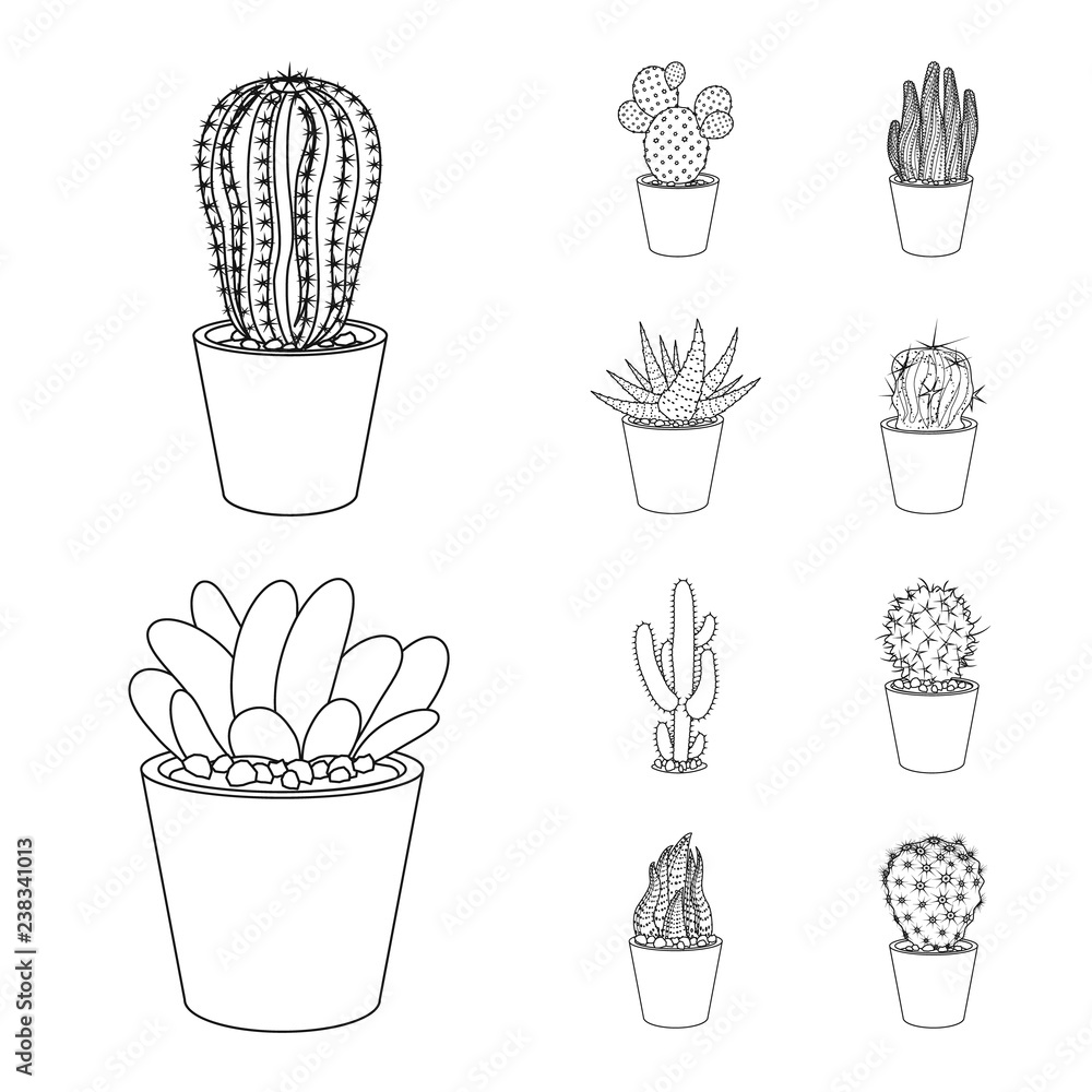 Isolated object of cactus and pot sign. Collection of cactus and cacti stock vector illustration. Isolated object of cactus and pot sign. Collection of cactus and cacti stock vector illustration.