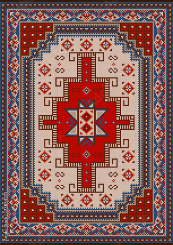 Luxury vintage oriental carpet with red, blue, beige and brown shades on black background
