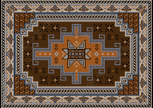 Luxury vintage oriental carpet with brown, bluish, black, beige and brown shades on black background


