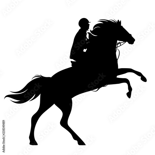 horse and rider black vector silhouette - rearing up animal and horseman outline