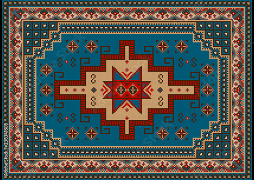 Luxury vintage oriental carpet with blue, red, brown,yellow and beige shades on black background
