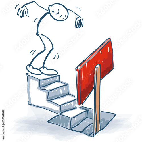 Strichmännchen geht eine Treppe hinunter und wird durch ein Schild gewarnt