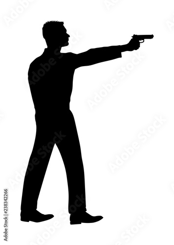 Public crime scene, gunfight battle. Man with gun shooting vector silhouette illustration. Conflict situation. Gun fire. police secret agent shutting. Sportsman  shooting in shooting range.