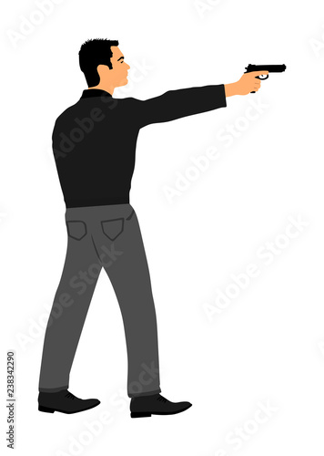 Public crime scene, gunfight battle. Man with gun shooting vector illustration. Conflict situation. Gun fire. police secret agent shutting. Sportsman  shooting in shooting range.