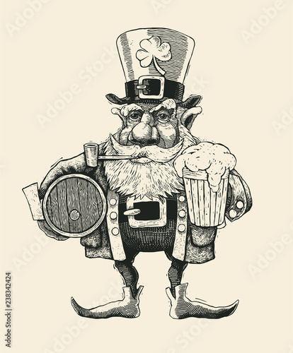 Saint Patrick's Day leprechaun with hat, beard, smoking pipe and pin of beer. engraved style. vector illustration