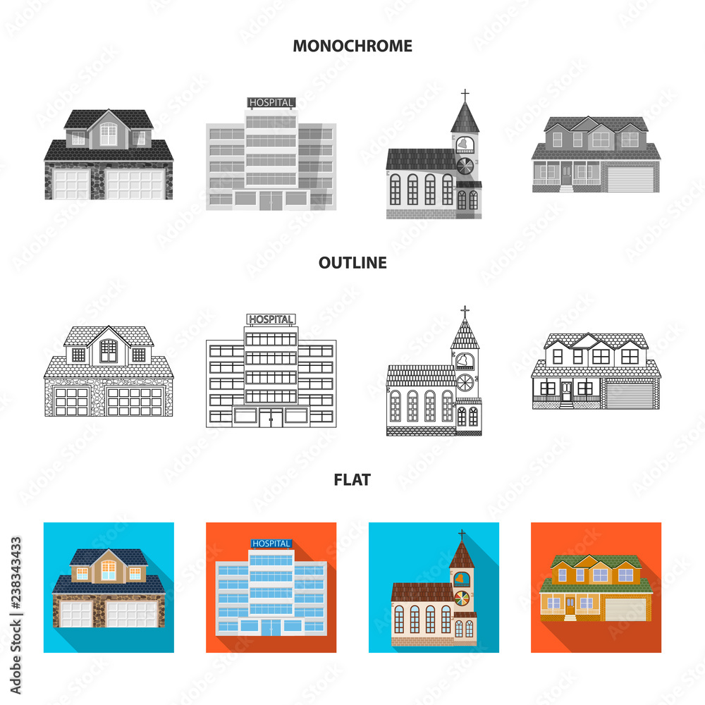 Vector illustration of building and front logo. Collection of building and roof stock vector illustration.