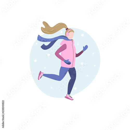 Cute woman running in winter cold season. Handdrawn vector illustration