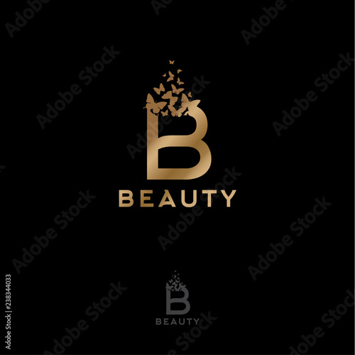 Gold B letter with flying butterflies. Beauty logo. Emblem for Spa, Cosmetics, Fashion, Tailor shop or Jewelry. Monochrome option.