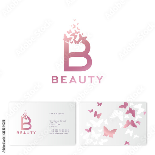Pink B letter with flying butterflies. Beauty logo. Emblem for Spa, Cosmetics, Fashion, Tailor shop or Jewelry. Identity. Business Card.