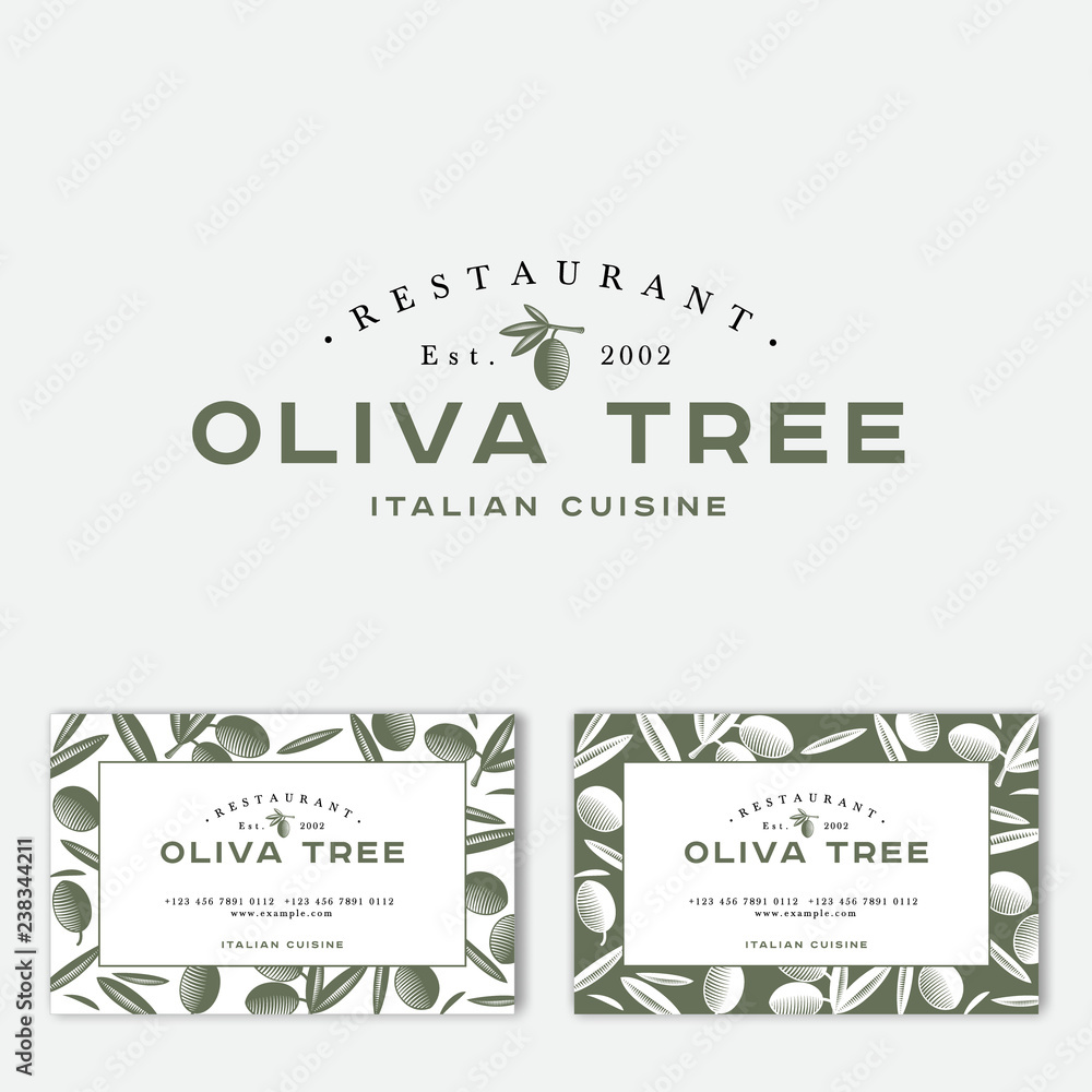 Oliva tree logo at engraving Style. Olive illustration with letters. Business Card. Pattern of Ripe olives and leaves on a green background.