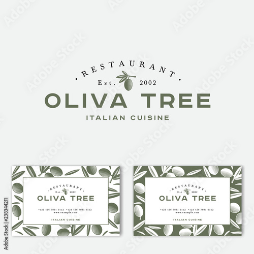 Oliva tree logo at engraving Style. Olive illustration with letters. Business Card. Pattern of Ripe olives and leaves on a green background.