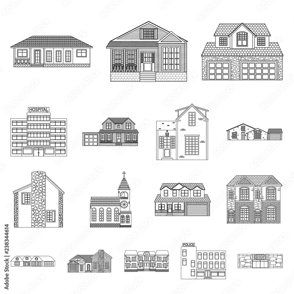 Vector illustration of building and front icon. Set of building and roof stock vector illustration.