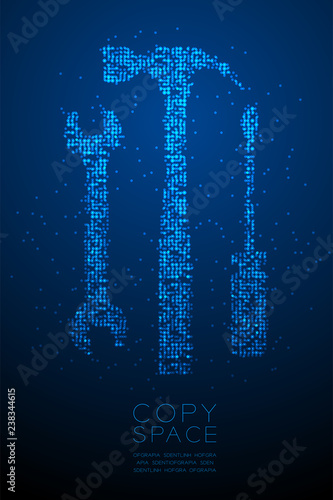 Abstract Geometric Bokeh circle dot pixel pattern Wrench screwdriver and hammer shape, Mechanic concept design blue color illustration isolated on blue gradient background with copy space, vector