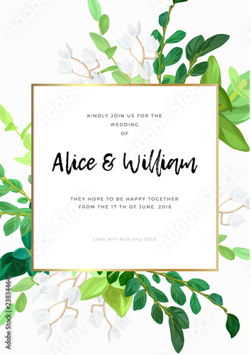 Floral wedding invitation or save the date card with green leaves, succulents, eucalyptus and white may flowers. Vector illustration.