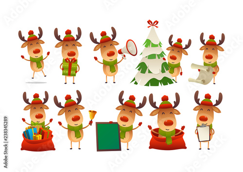 Collection of happy cute Christmas reindeer isolated vector