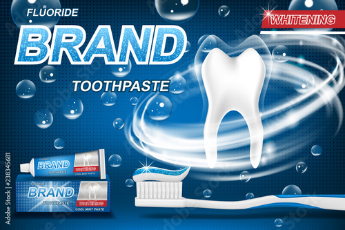 Mint toothpaste concept, isolated on blue. Tooth model and product package design for toothpaste poster or advertising. 3d Vector illustration.