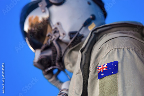 Jet aircraft pilot flight suit uniform with Australia flag patch.