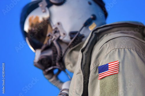 Jet aircraft pilot flight suit uniform with United States USA flag patch.