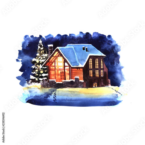 Hand drawn watercolor winter night landscape with house. photo