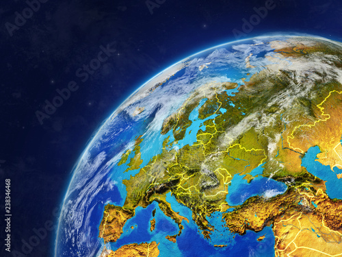 Europe on model of planet Earth with country borders and very detailed planet surface and clouds.
