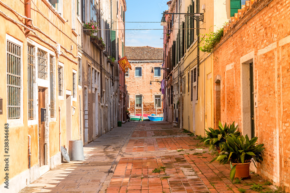 Narrow street of Murano with colorful houses and plants in early morning in Venice, Italy.