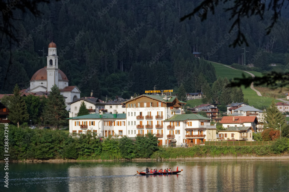 Fototapeta premium Auronzo di Cadore, Italy. August 10, 2018: Beautiful tourist mountain town.