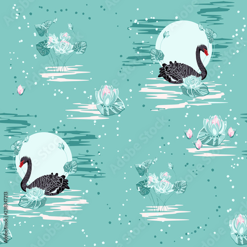 Black Swan, seamless pattern of Chinese and Japanese miniatures