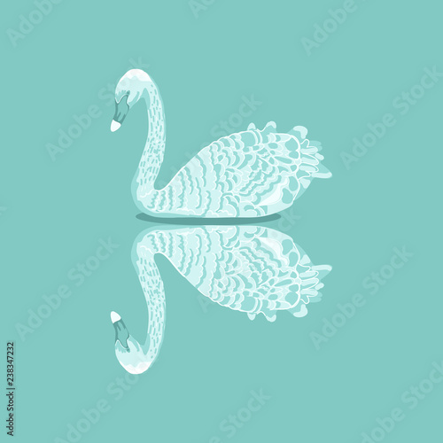 Realistic White Swan with mirror reflection in water
