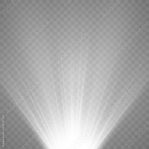 Spotlight. Rays of light isolated on transparent background. Sun flash. Vector illustration