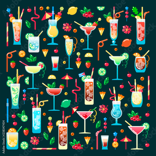 Clipart of alcohol cocktails different types with decorations. Flat style vector illustration. Suitable for bar menu design, advertising, applications or web